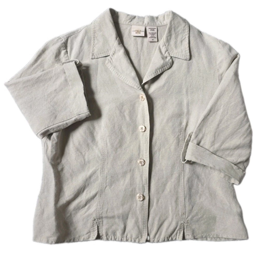 Covington Petite Linen Blend Button Shirt 10P Beige 3/4 Sleeve Blouse VTG 2008